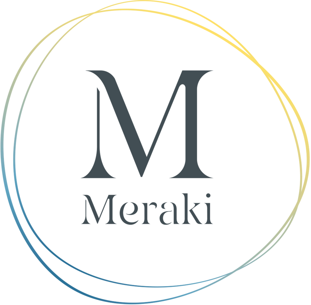 Meraki Logo – Ein großes M und der Name Meraki mit zwei unrunden Kreislinien mit einem Farbverlauf von gelb zu blau.